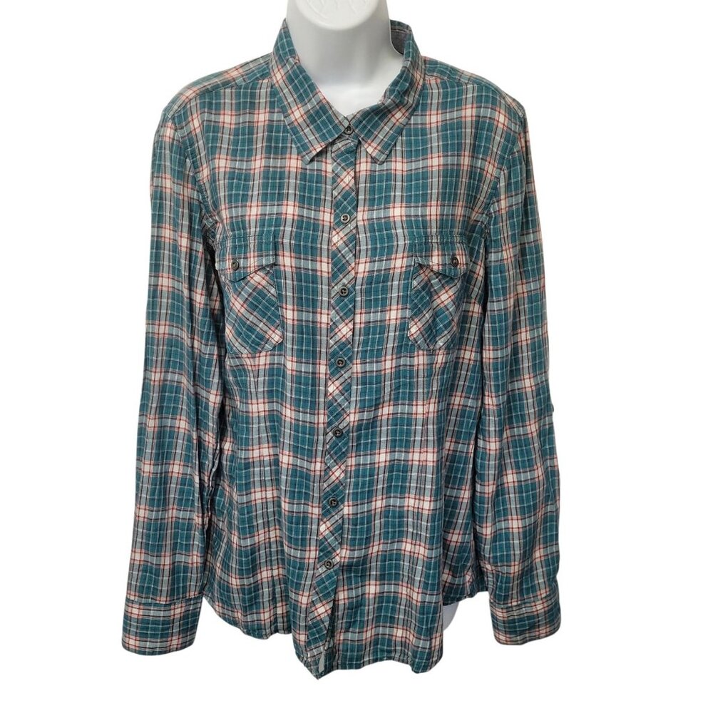 Natural Reflections Shirt Womens L Green‎ Plaid Long Roll Tab Sleeve Button Up
